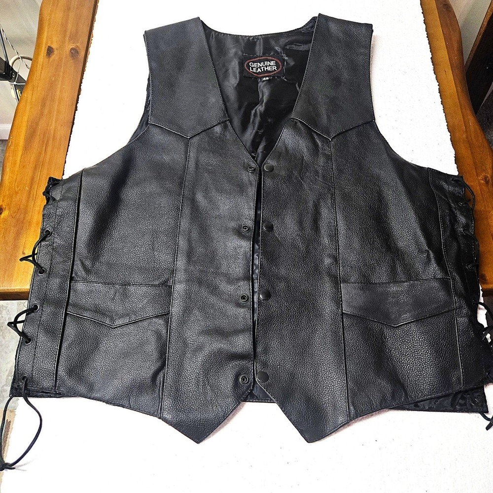 Mens Black Genuine Leather Motorcycle Biker Vest Lace Up‎ Sides Pockets XL